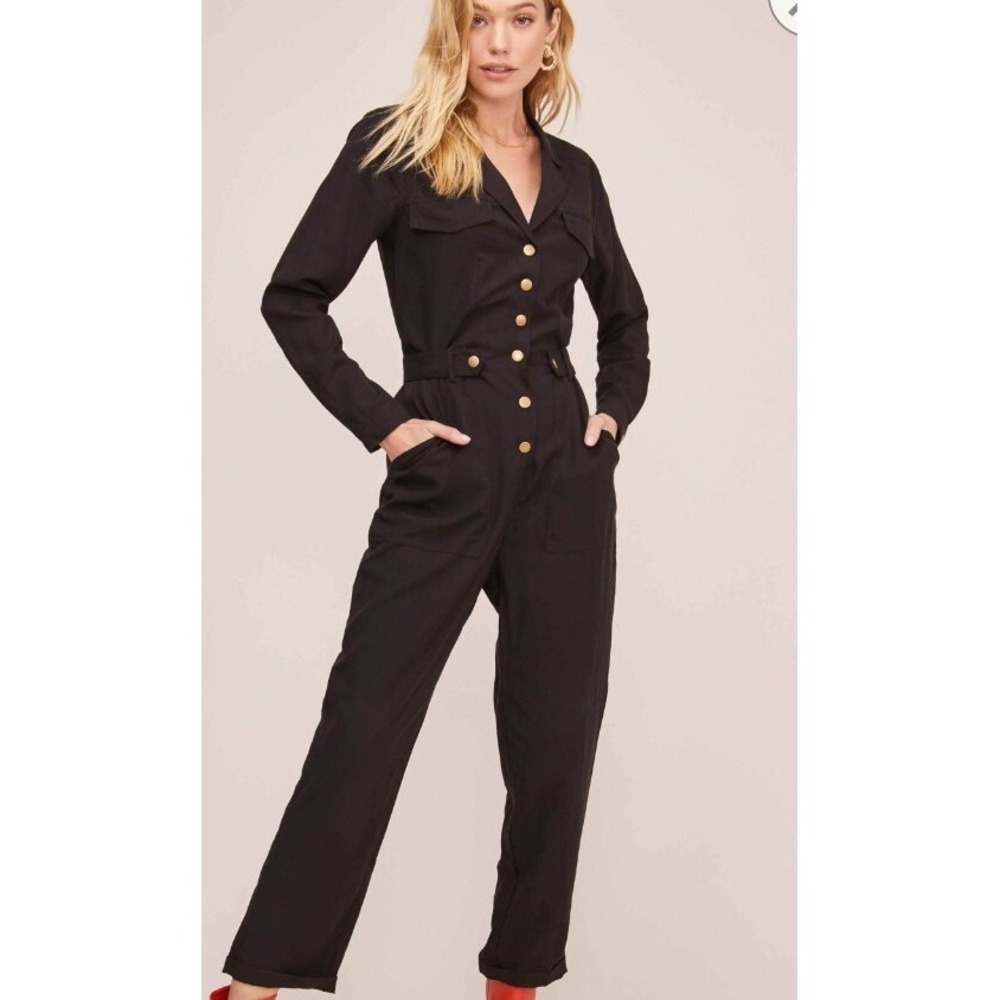 ASTR The Label Black Utility Jumpsuit Button Front Belted Linen Blend Size M